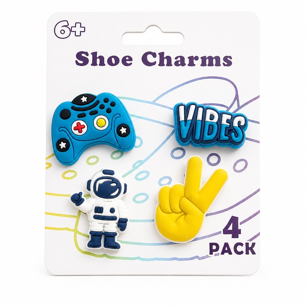 4PC Shoe Charms Set 🎮✨ Vibes, Astronaut, and Peace Sign Clog Accessories